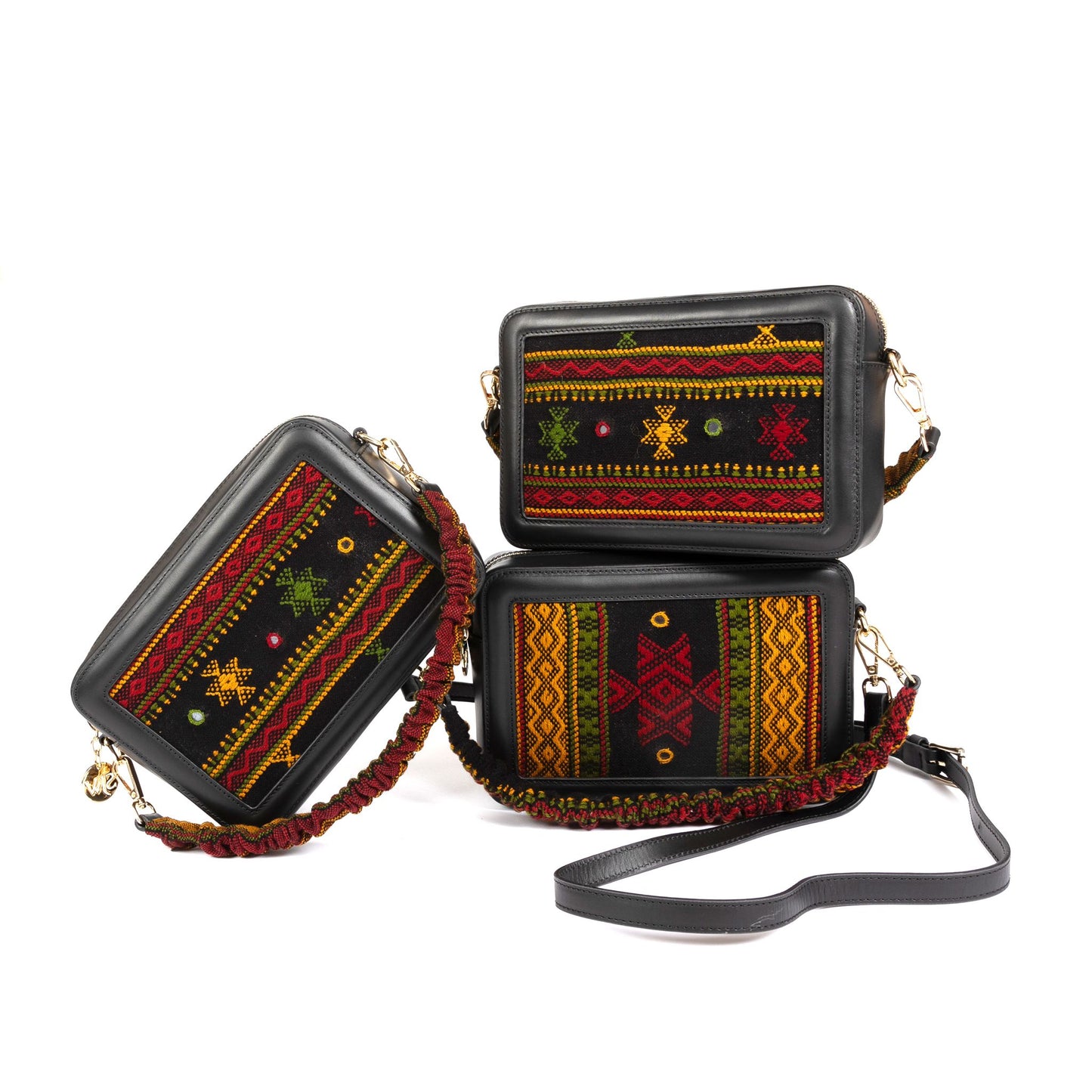 Perazzi Gujarati Woven Textile and Leather Cross Body Bag-Black