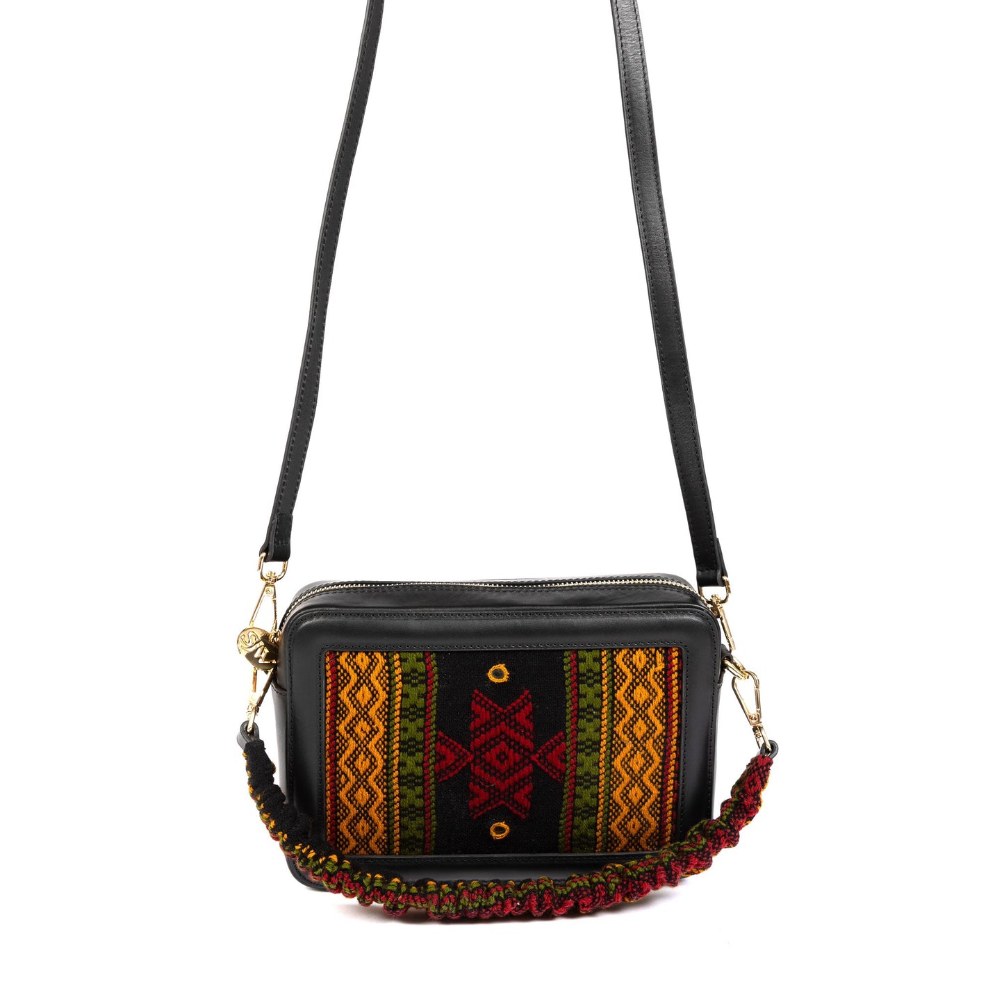 Perazzi Gujarati Woven Textile and Leather Cross Body Bag-Black