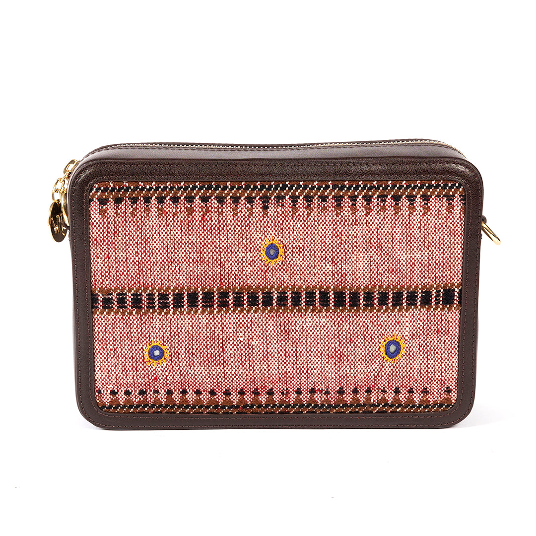 Perazzi Gujarati Woven Textile and Leather Cross Body Bag-Maroon