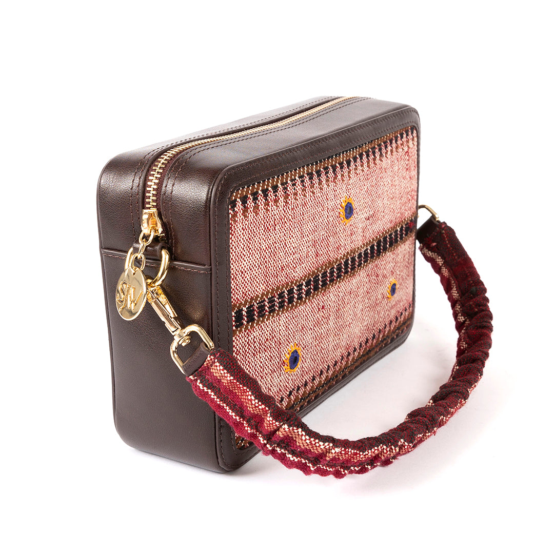 Perazzi Gujarati Woven Textile and Leather Cross Body Bag-Maroon