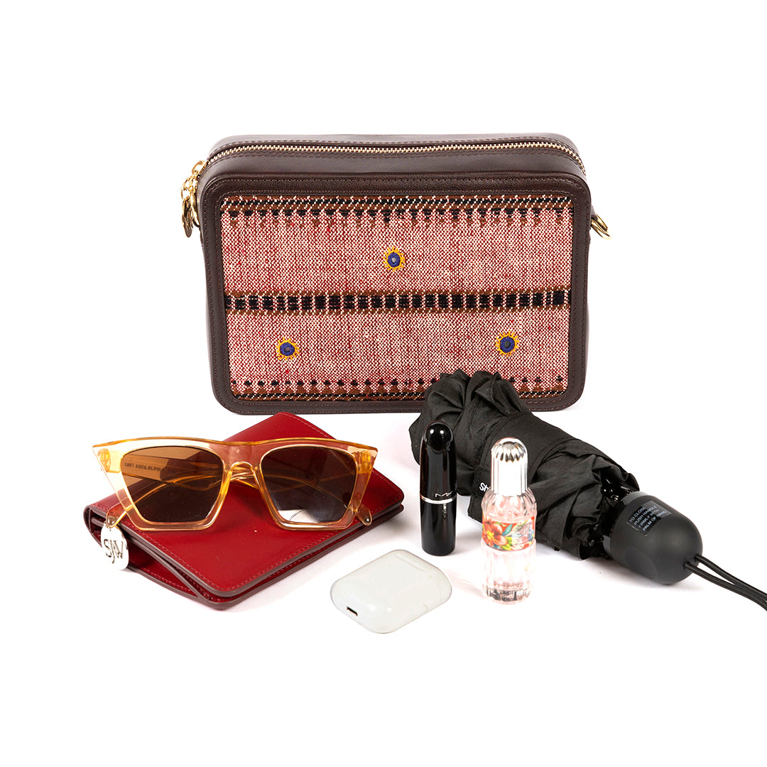 Perazzi Gujarati Woven Textile and Leather Cross Body Bag-Maroon