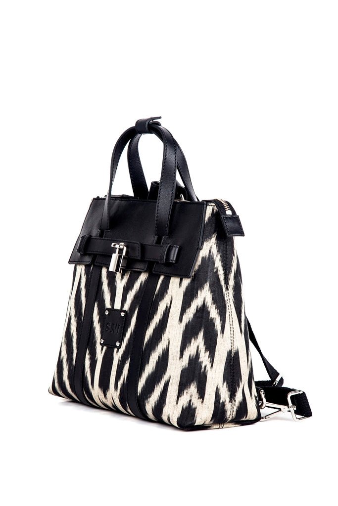 Abbey Sustainable Handmade Leather and Ikat Versatile Bag in Black - SJW BAGS LONDON