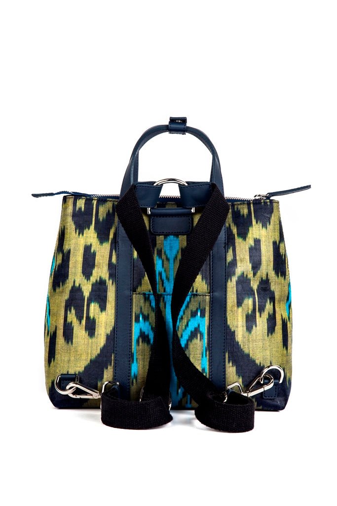 Abbey Sustainable Handmade Leather and Ikat Versatile Bag in Navy - SJW BAGS LONDON