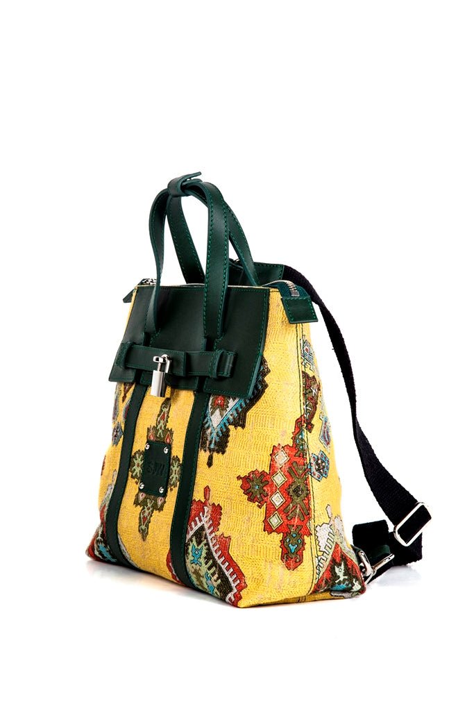 Alma vintage kilim design bag handcrafted with leather and textile - Green - SJW BAGS LONDON