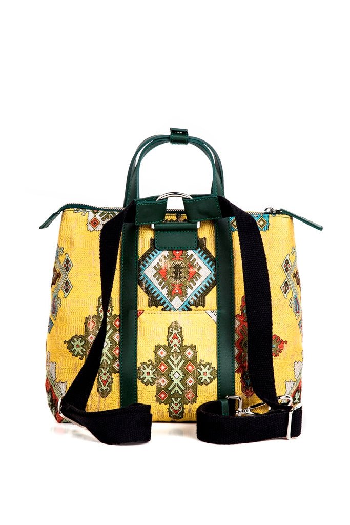 Alma vintage kilim design bag handcrafted with leather and textile - Green - SJW BAGS LONDON