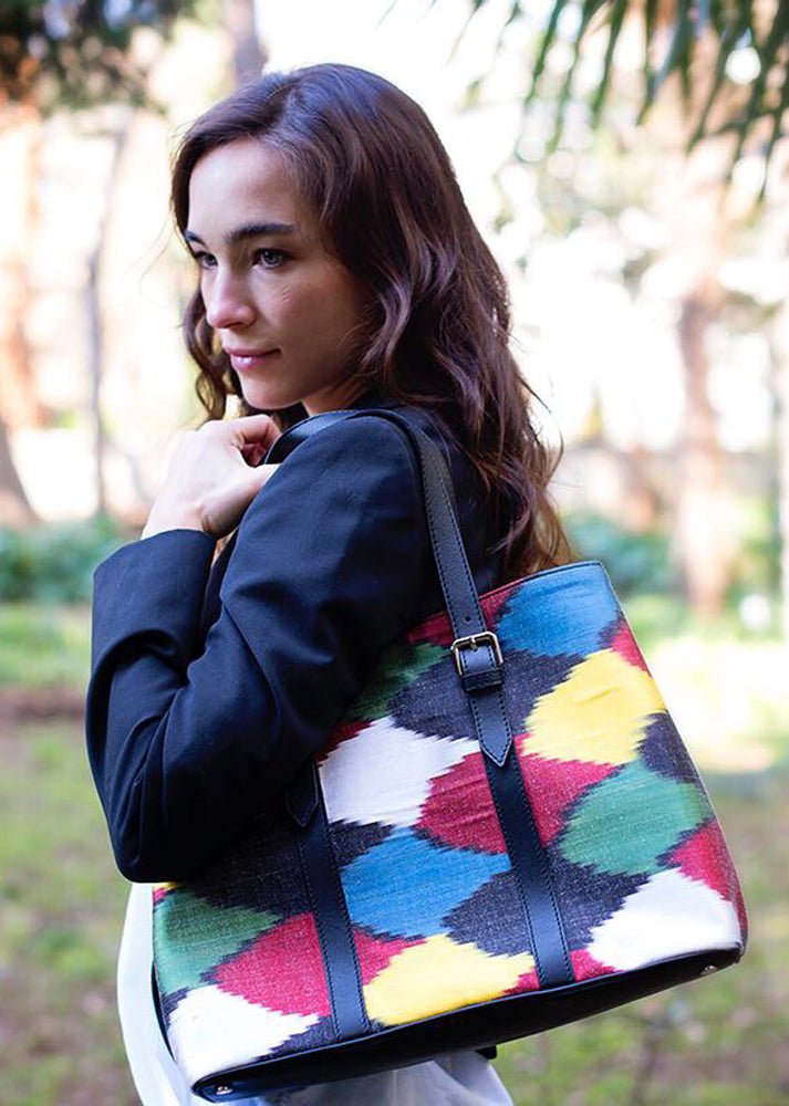Avenue Sustainable Handmade Leather and Ikat Tote Bag in Black - SJW BAGS LONDON