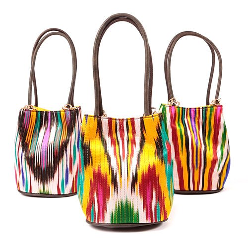 Bonbon Mini Bucket Bag Handcrafted with Leather and Sustainable Ikat - SJW BAGS LONDON