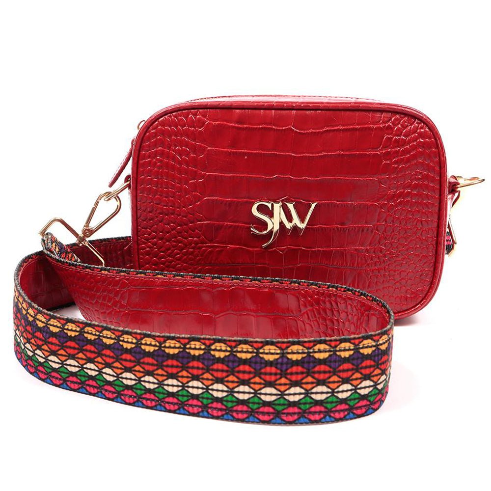 Bond Croc Embossed Leather Shoulder Bag in Red - SJW BAGS LONDON