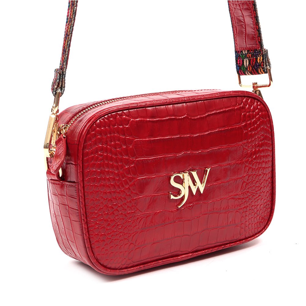 Bond Croc Embossed Leather Shoulder Bag in Red - SJW BAGS LONDON