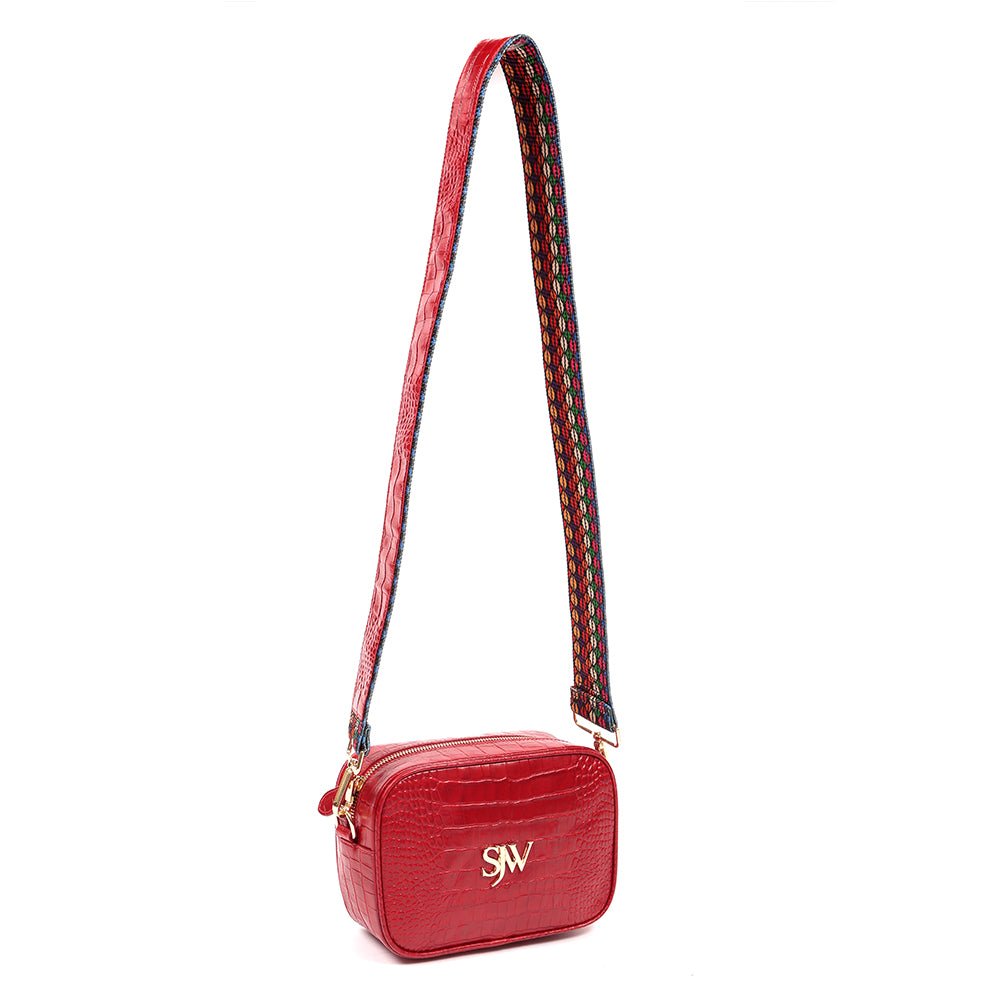 Bond Croc Embossed Leather Shoulder Bag in Red - SJW BAGS LONDON