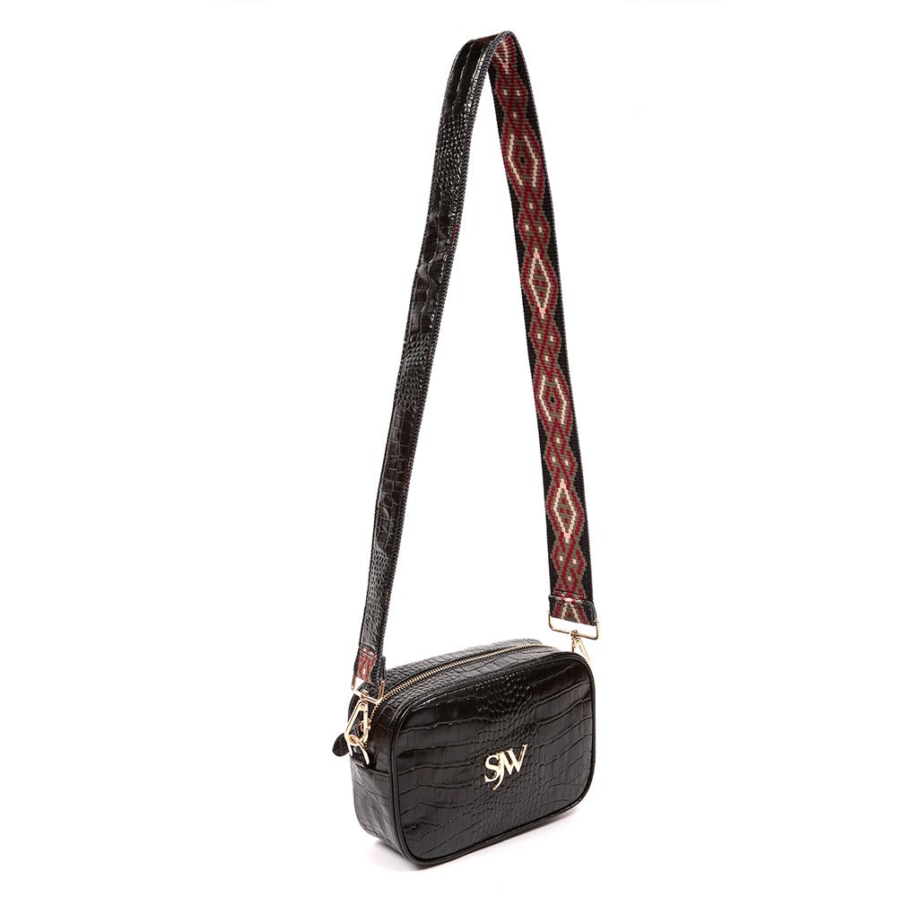 Bond Croco Embossed Leather Shoulder Bag in Black - SJW BAGS LONDON