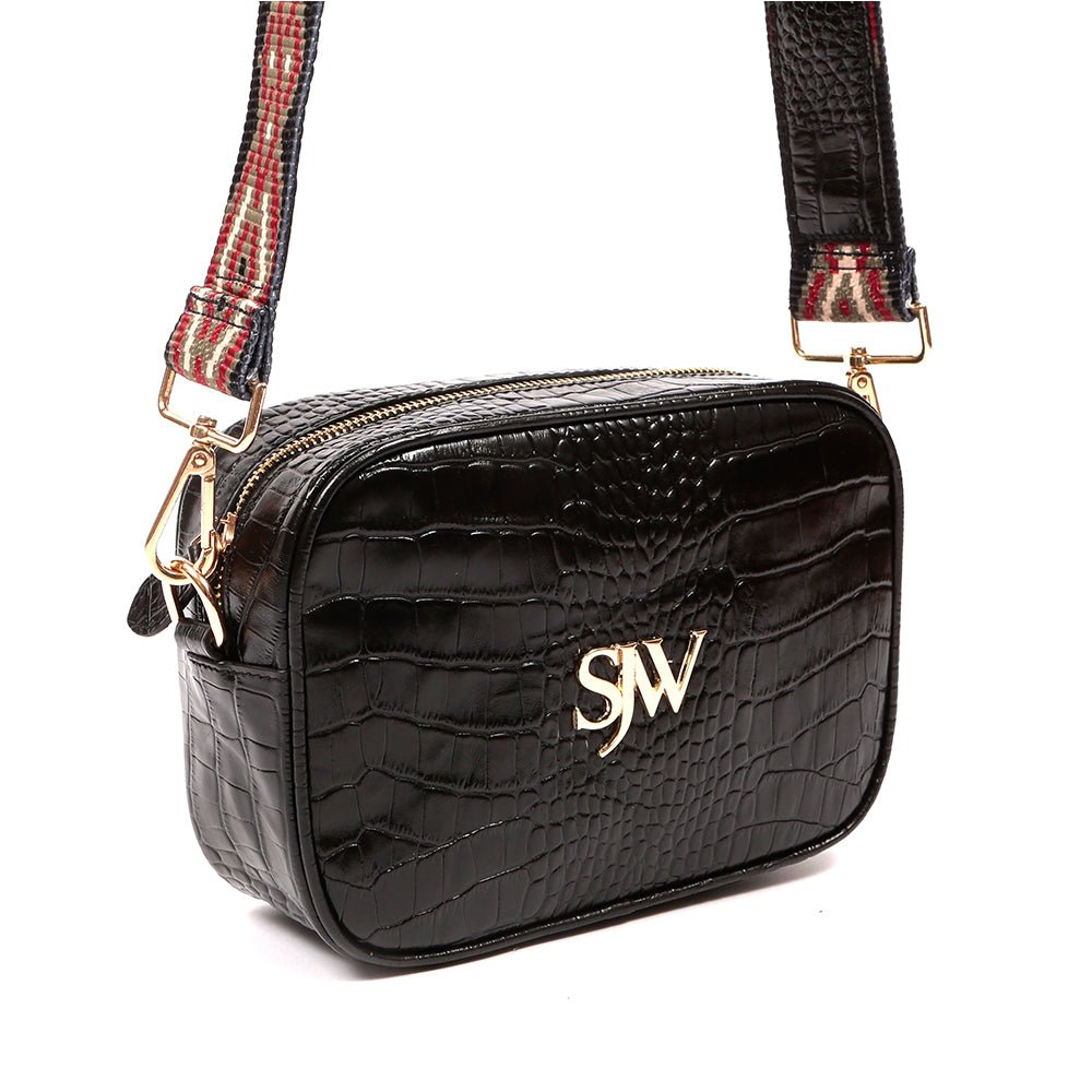 Bond Croco Embossed Leather Shoulder Bag in Black - SJW BAGS LONDON