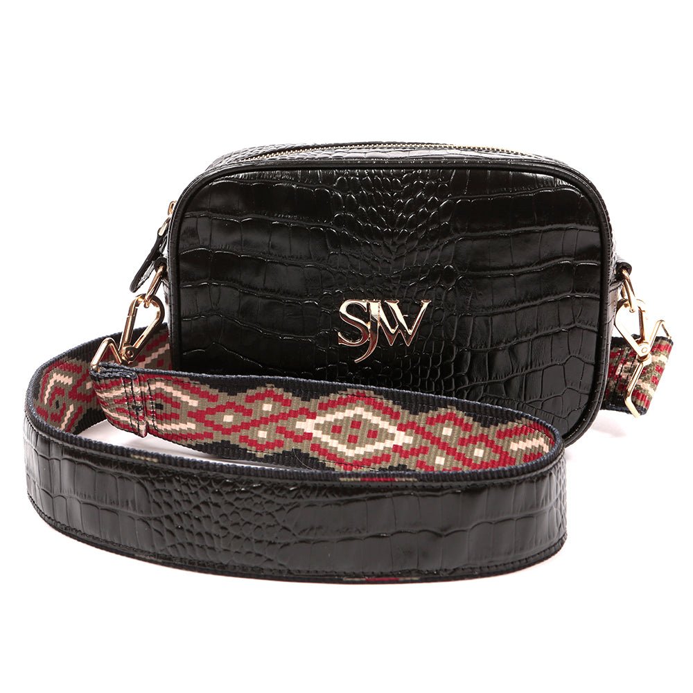 Bond Croco Embossed Leather Shoulder Bag in Black - SJW BAGS LONDON