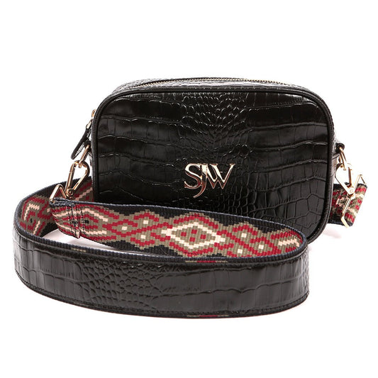 Bond Croco Embossed Leather Shoulder Bag in Black - SJW BAGS LONDON