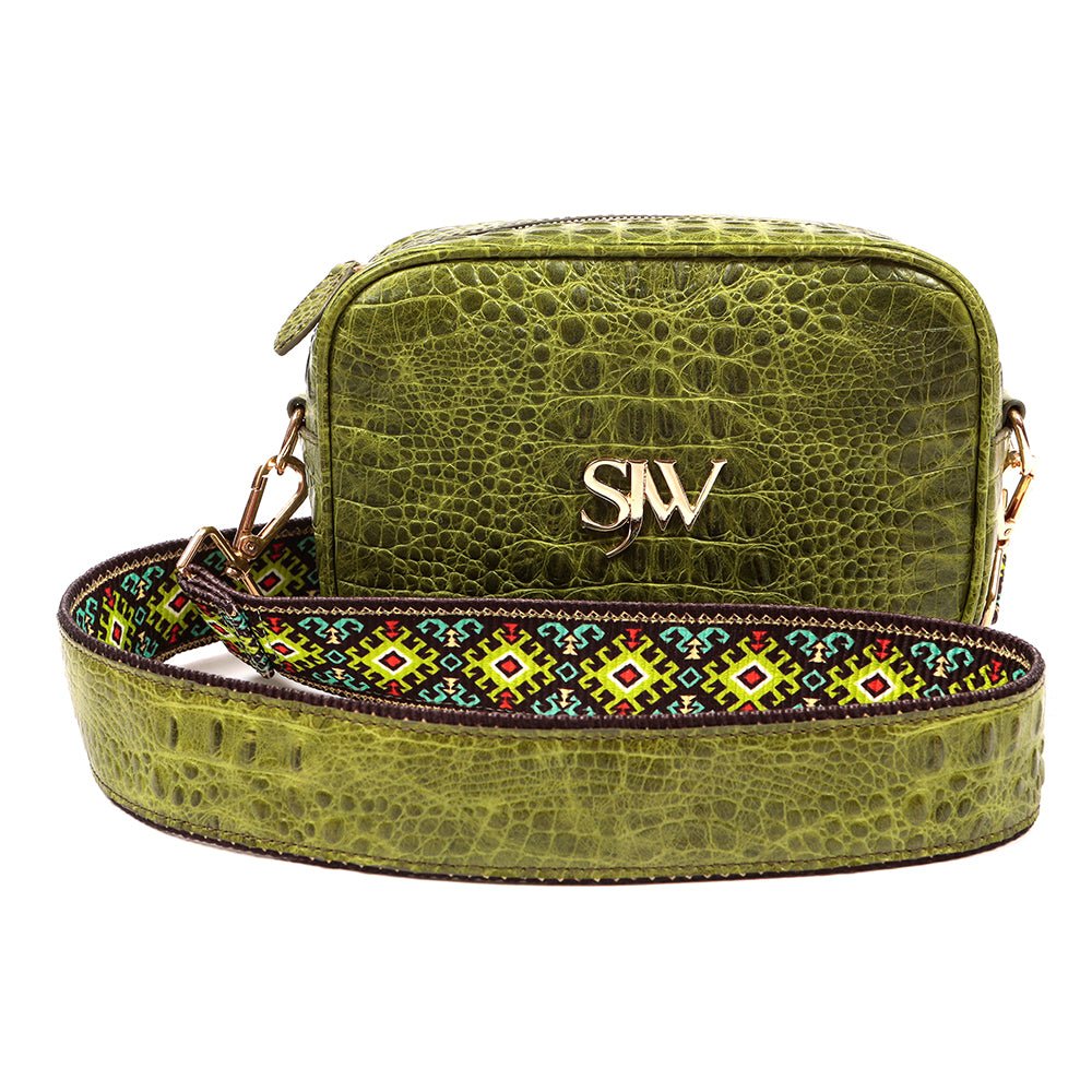 Bond Croco Embossed Leather Shoulder Bag in Green - SJW BAGS LONDON