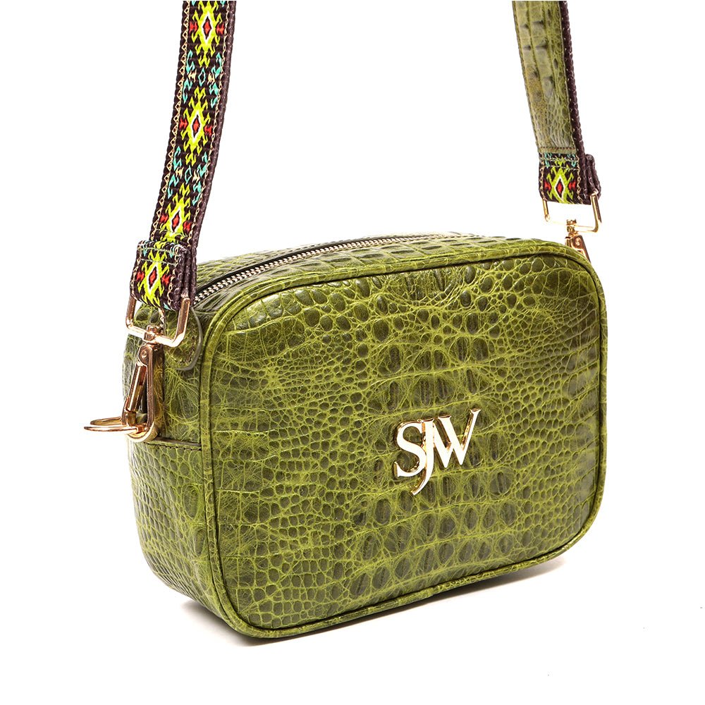 Bond Croco Embossed Leather Shoulder Bag in Green - SJW BAGS LONDON