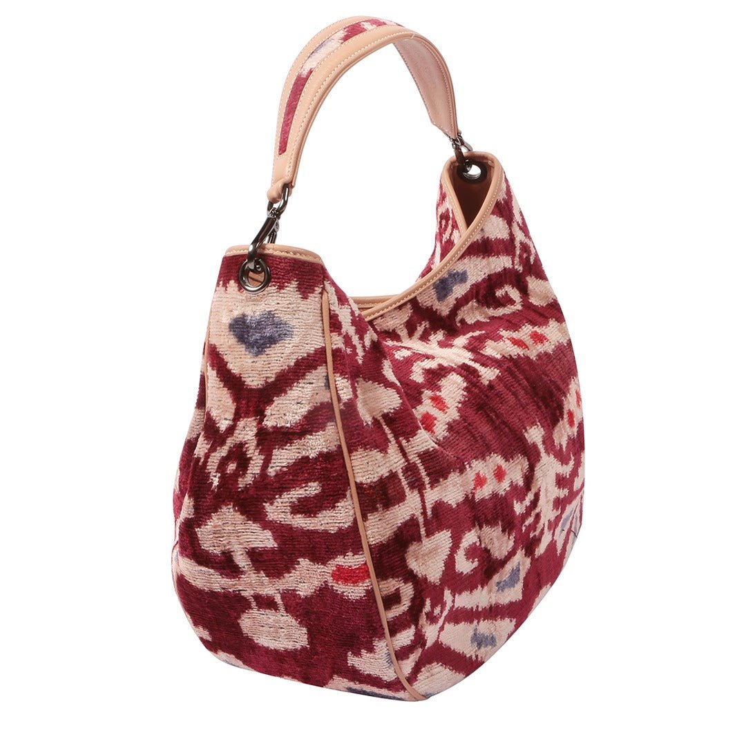 Garuda Sustainable Velvet Ikat Bag with Leather Trimmings - Maroon - SJW BAGS LONDON