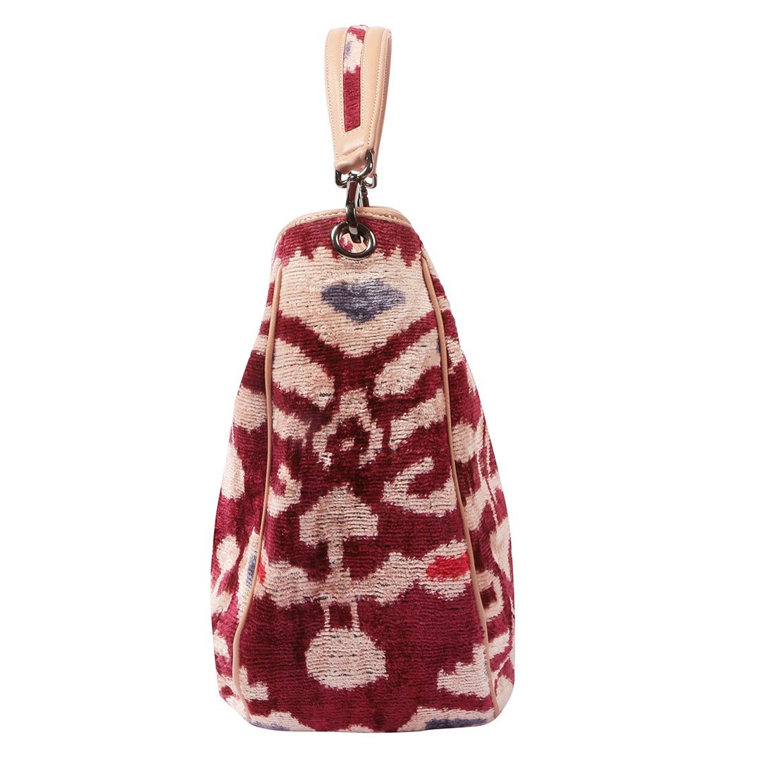 Garuda Sustainable Velvet Ikat Bag with Leather Trimmings - Maroon - SJW BAGS LONDON