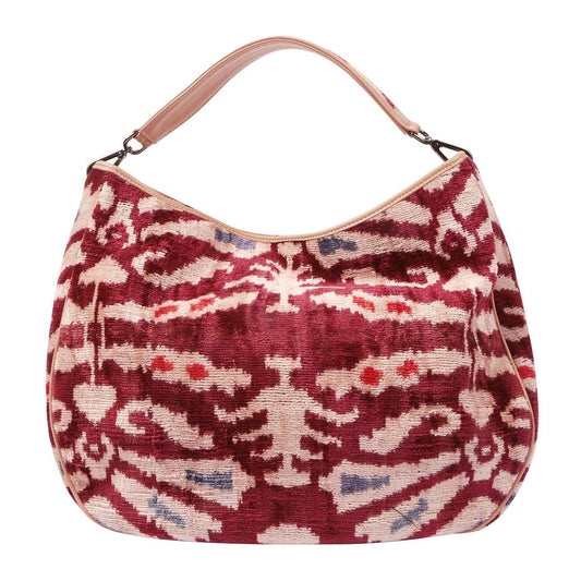 Garuda Sustainable Velvet Ikat Bag with Leather Trimmings - Maroon - SJW BAGS LONDON