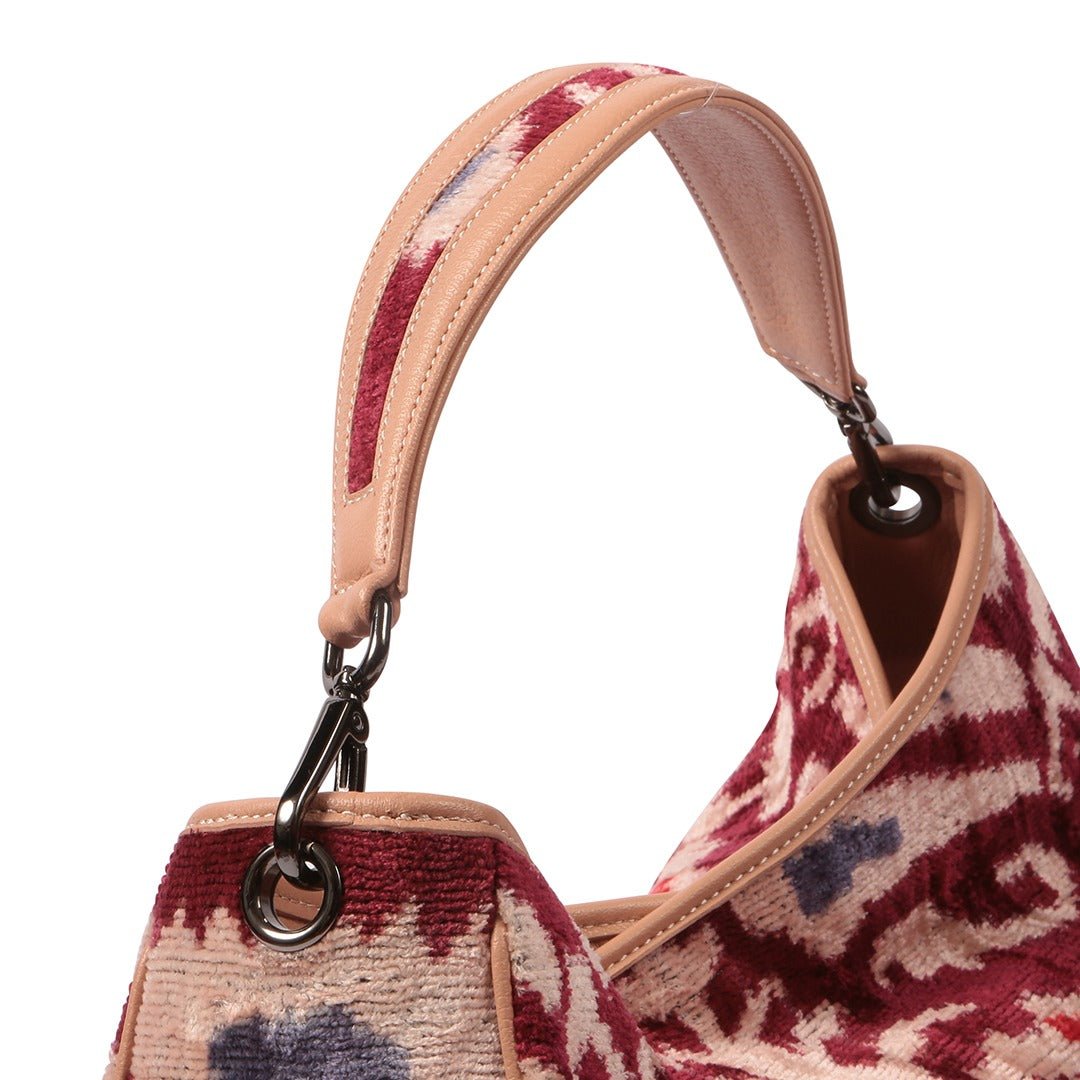 Garuda Sustainable Velvet Ikat Bag with Leather Trimmings - Maroon - SJW BAGS LONDON