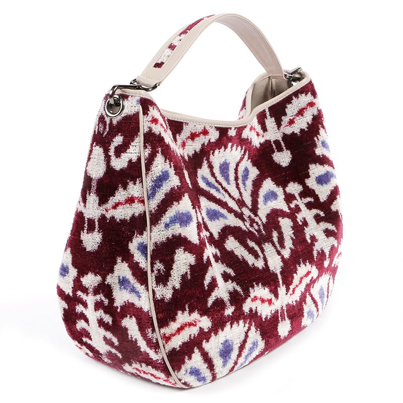 Garuda Sustainable Velvet Ikat Bag with Leather Trimmings - Purple - SJW BAGS LONDON