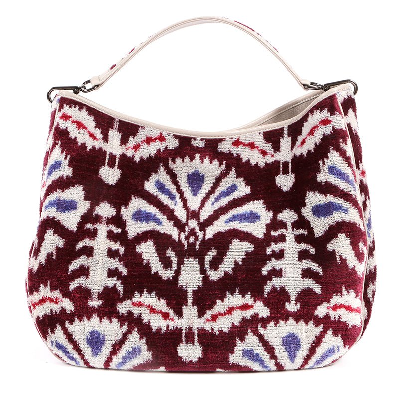Garuda Sustainable Velvet Ikat Bag with Leather Trimmings - Purple - SJW BAGS LONDON