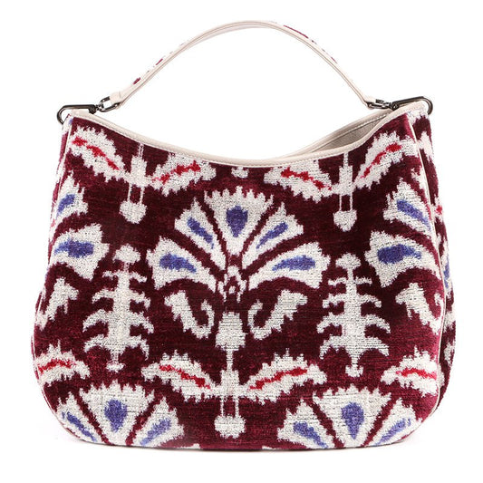Garuda Sustainable Velvet Ikat Bag with Leather Trimmings - Purple - SJW BAGS LONDON