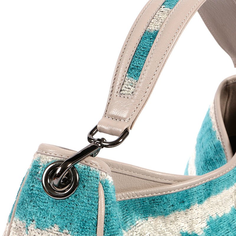Garuda Sustainable Velvet Ikat Shoulder Bag - Turquoise - SJW BAGS LONDON