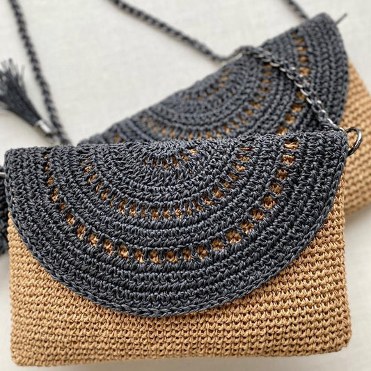 Grace Bag hand crocheted with sustainable paper yarn - Black & Sand - SJW BAGS LONDON