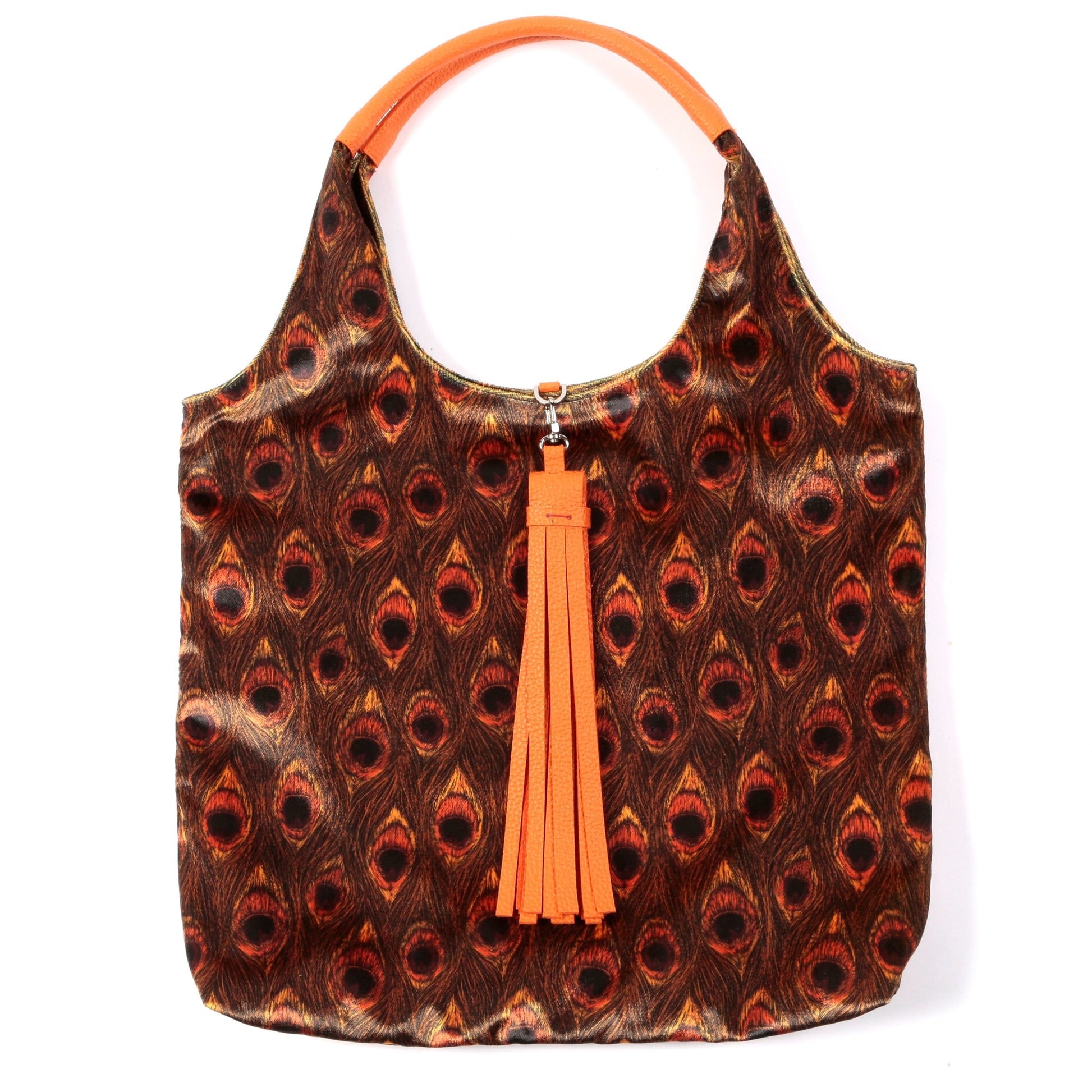 Hall Velvet Tote Bag - Golden Peacock Print With Orange Trims - SJW BAGS LONDON