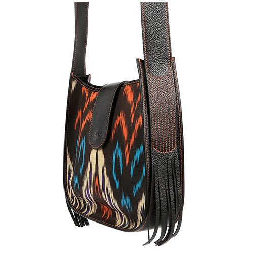 Loudoun Ikat and Leather Boho Shoulder Bag - Black - SJW BAGS LONDON