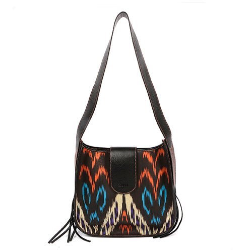 Loudoun Ikat and Leather Boho Shoulder Bag - Black - SJW BAGS LONDON