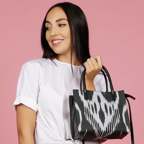 Norfolk Sustainable Ikat Bag with Leather Strap and Trims in Black - SJW BAGS LONDON