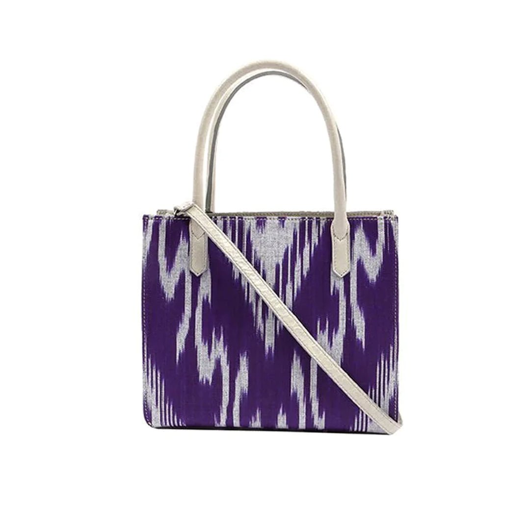 Norfolk Sustainable Ikat Bag with Leather Strap and Trims - Purple - SJW BAGS LONDON