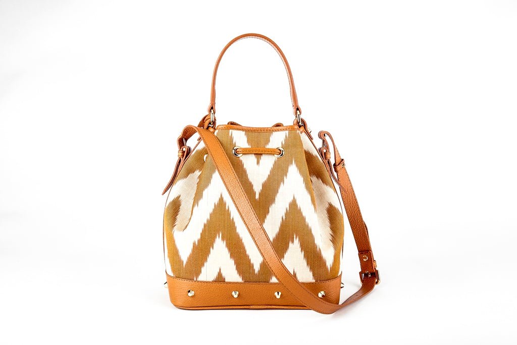 Primrose Sustainable Ikat Drawstring Bucket Bag with leather strap and trims - Beige - SJW BAGS LONDON