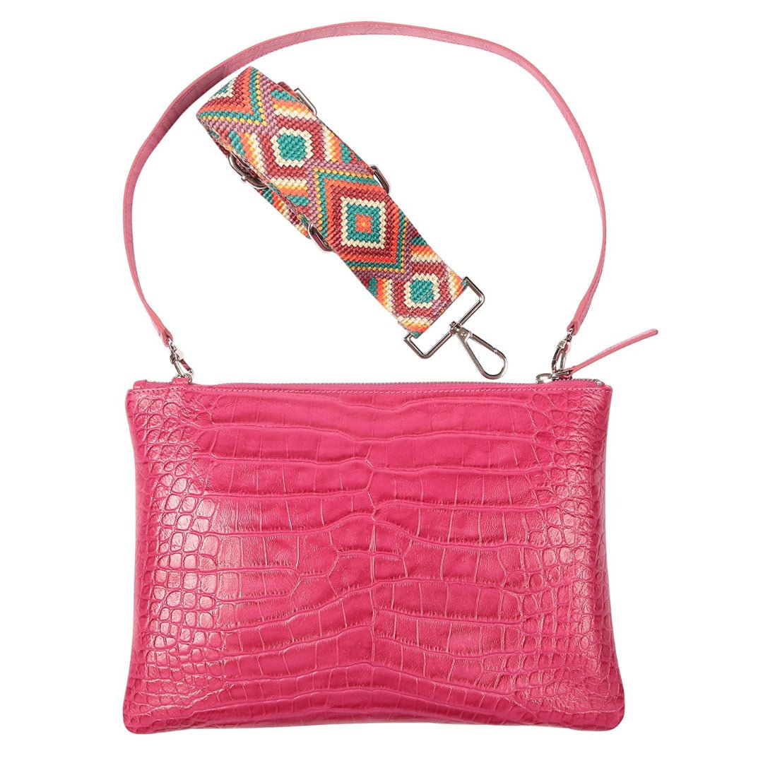 Rainbow Croco Embossed Leather Clutch Bag with detachable shoulder straps - Fuchsia - SJW BAGS LONDON