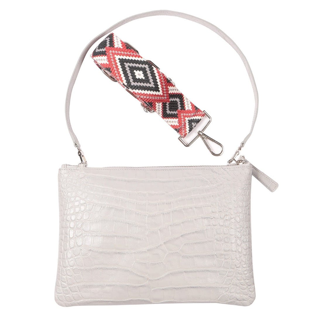Rainbow Croco Embosssed Leather Clutch Bag with detachable shoulder straps - Ice White - SJW BAGS LONDON