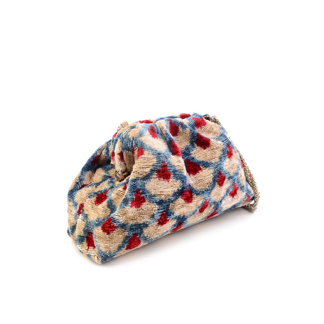 Victoria Ikat Mini Pouch Bag - Storm Blue/ Cream/ Vintage Red - SJW BAGS LONDON