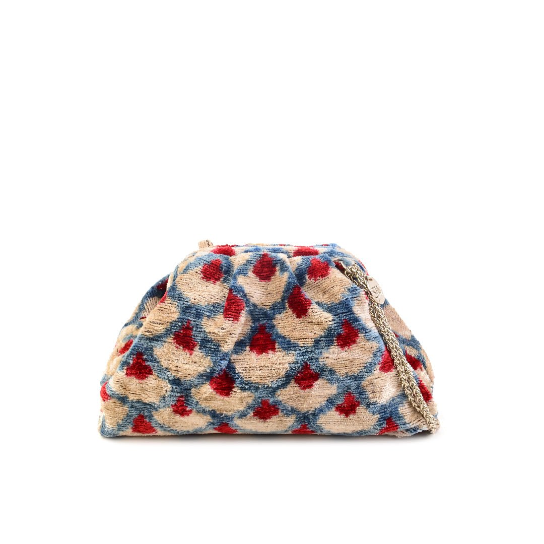 Victoria Ikat Mini Pouch Bag - Storm Blue/ Cream/ Vintage Red - SJW BAGS LONDON