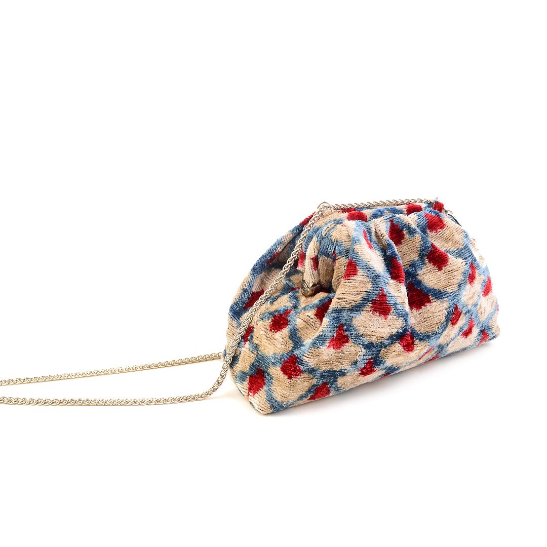 Victoria Ikat Mini Pouch Bag - Storm Blue/ Cream/ Vintage Red - SJW BAGS LONDON