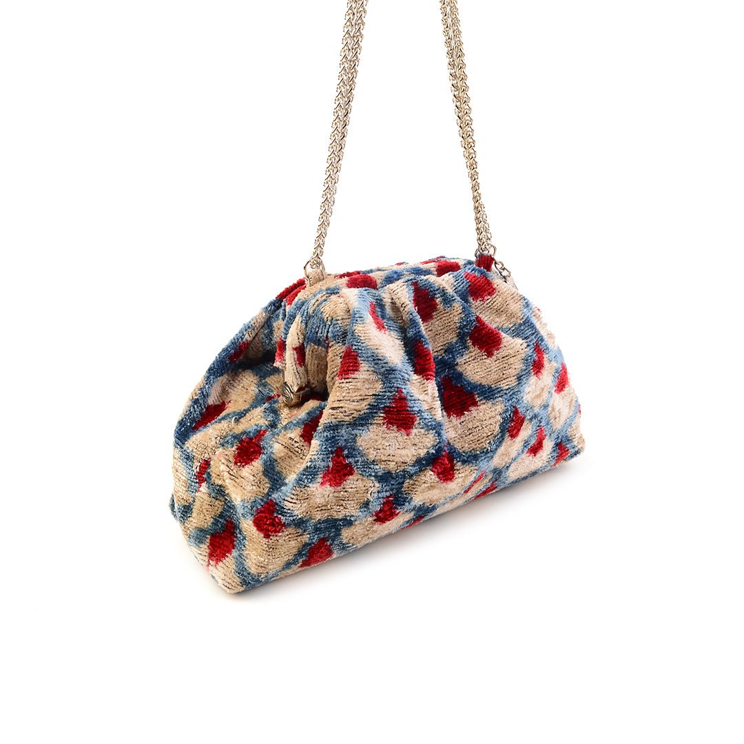 Victoria Ikat Mini Pouch Bag - Storm Blue/ Cream/ Vintage Red - SJW BAGS LONDON