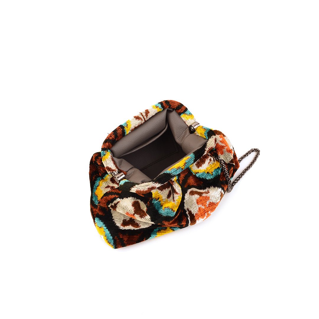 Victoria Ikat Mini Pouch Bag - Toffee/ Orange/ Ecru/ Bright Yellow/ Turquoise/ Black - SJW BAGS LONDON