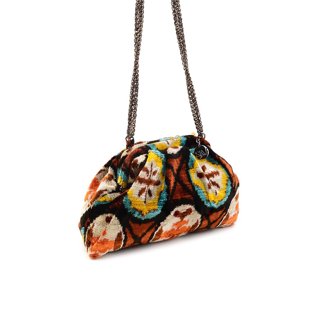 Victoria Ikat Mini Pouch Bag - Toffee/ Orange/ Ecru/ Bright Yellow/ Turquoise/ Black - SJW BAGS LONDON