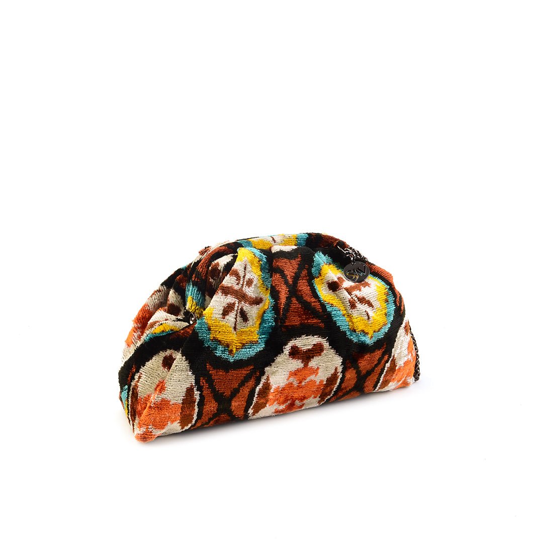Victoria Ikat Mini Pouch Bag - Toffee/ Orange/ Ecru/ Bright Yellow/ Turquoise/ Black - SJW BAGS LONDON