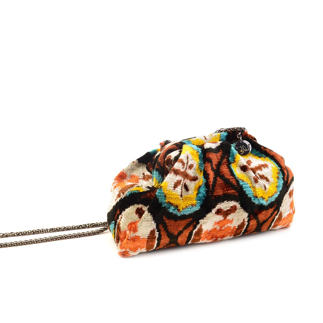 Victoria Ikat Mini Pouch Bag - Toffee/ Orange/ Ecru/ Bright Yellow/ Turquoise/ Black - SJW BAGS LONDON