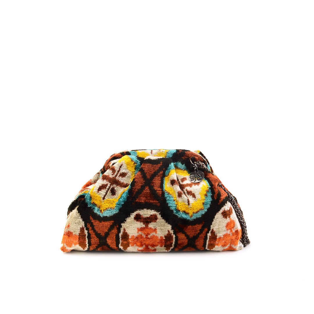 Victoria Ikat Mini Pouch Bag - Toffee/ Orange/ Ecru/ Bright Yellow/ Turquoise/ Black - SJW BAGS LONDON
