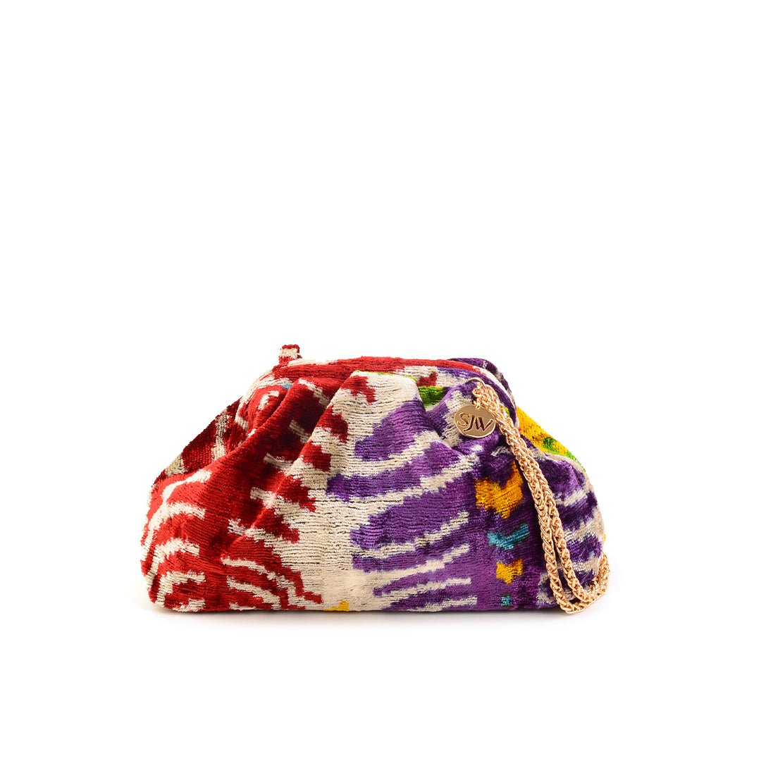 Victoria Ikat Mini Pouch Bag - Vintage Red/ Purple/ Ecru/ Bright Yellow/ Green/ Turquoise - SJW BAGS LONDON