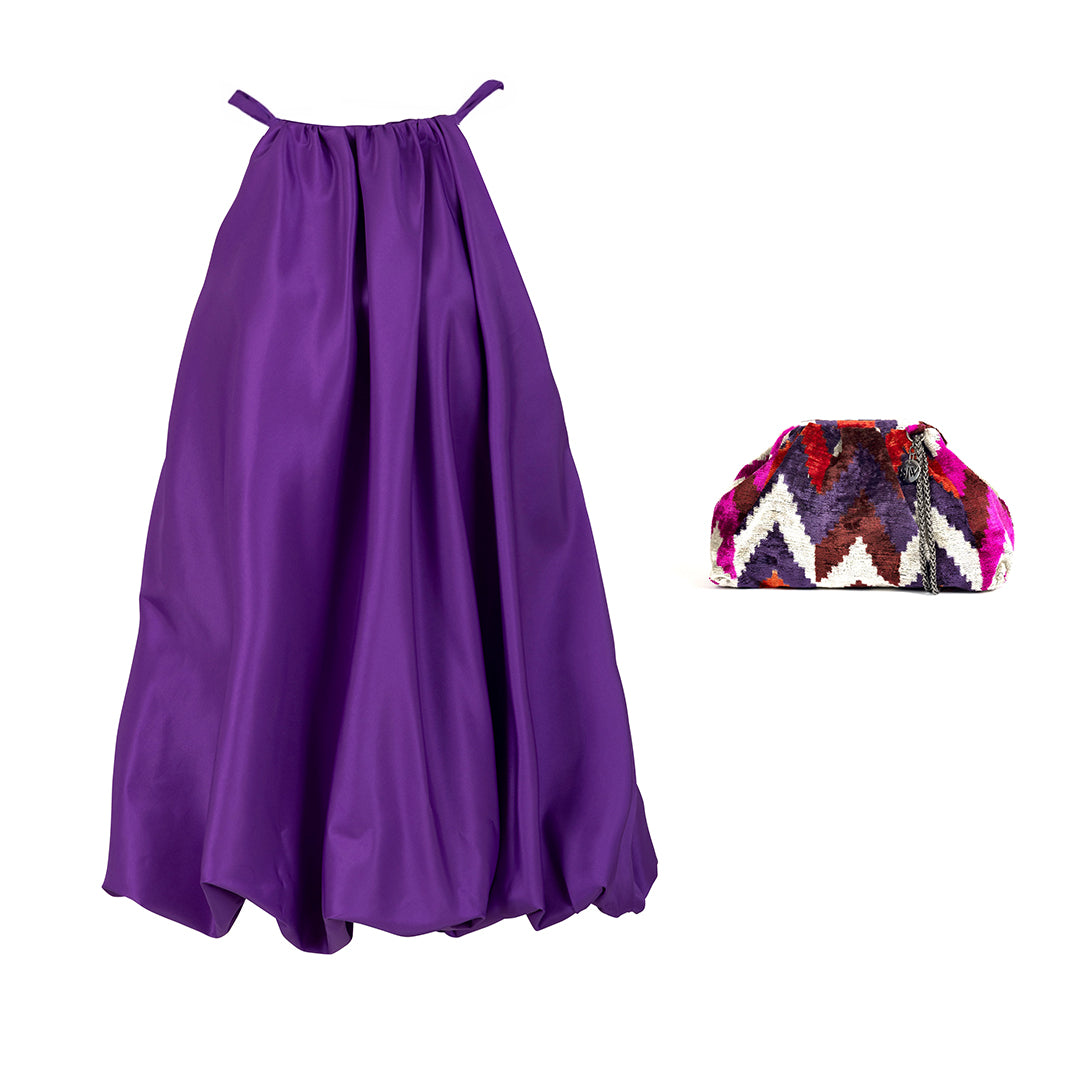 Parisienne Puff Halterneck Purple Dress + Victoria Bag Set 1