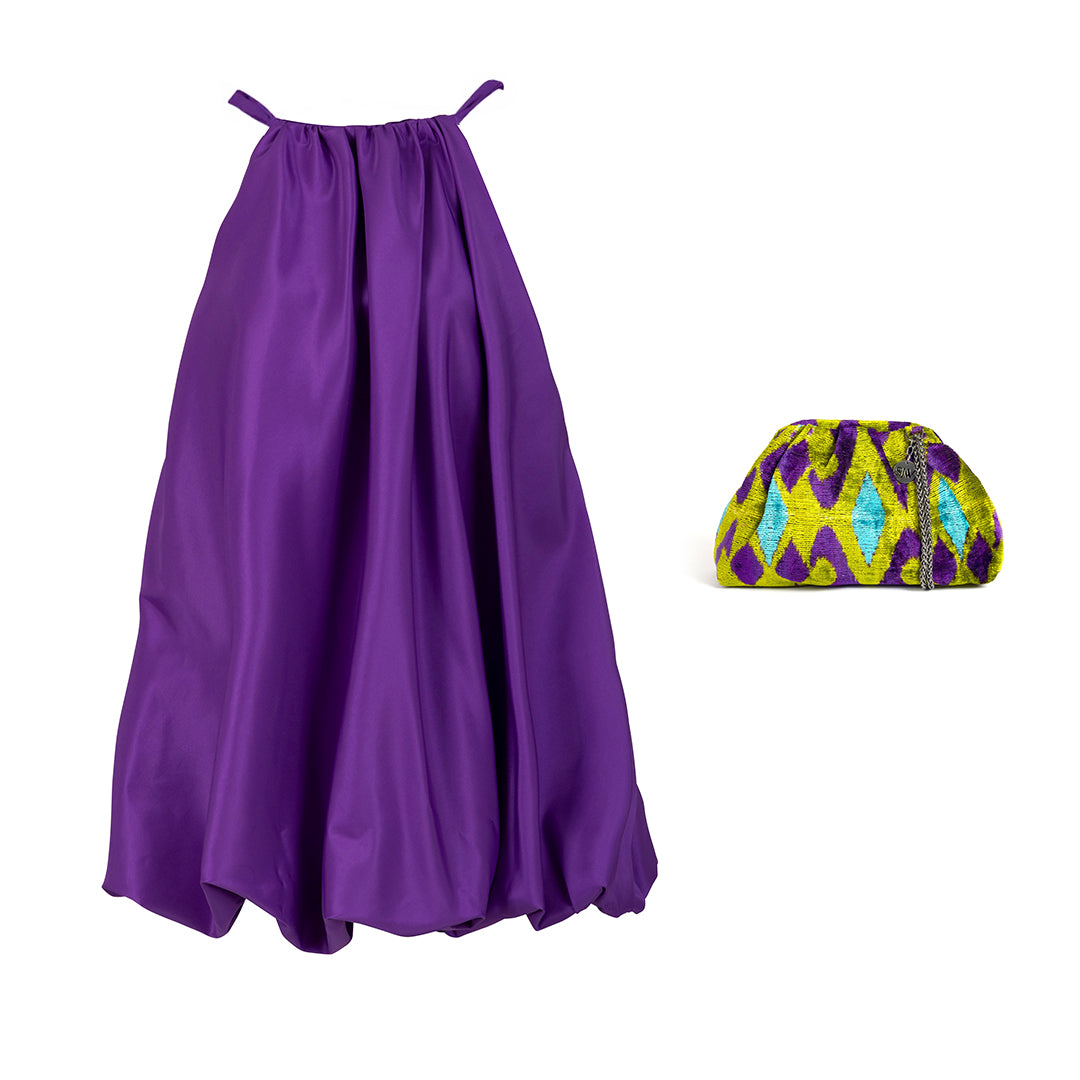Parisienne Puff Halterneck Purple Dress + Victoria Bag Set 2