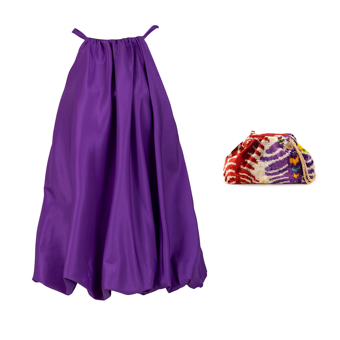 Parisienne Puff Halterneck Purple Dress + Victoria Bag Set 3